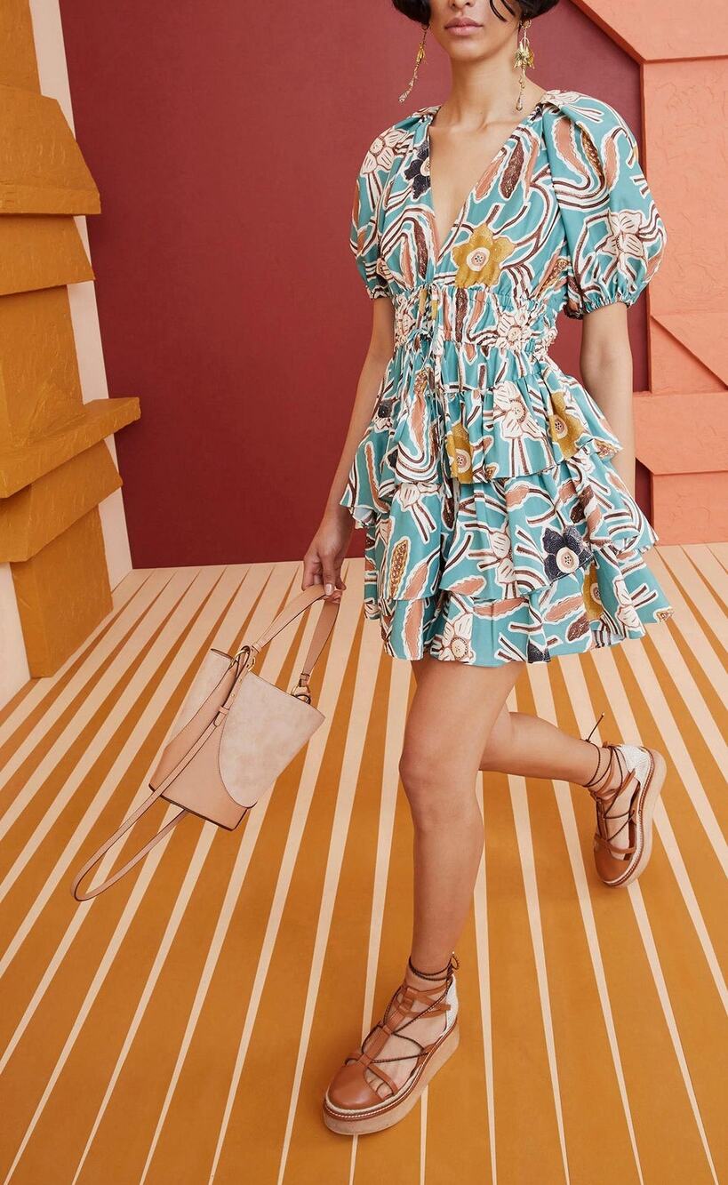 Ulla Johnson Farah Passion Flower Print Tiered Silk Tafetta Mini Dress Womens 2
